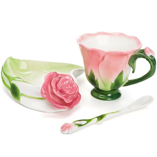 Cididu Pink Tea Cups with Saucer and Spoon, 4.5 Oz Small Ceramic Rose Flower Tea Cup Set for Women Girls, Hand Crafted Vintage Coffee Latte Mug, Fancy Teaware for Mother's Day, Birthday Gift, Wedding - Image 3