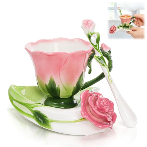 Cididu Pink Tea Cups with Saucer and Spoon, 4.5 Oz Small Ceramic Rose Flower Tea Cup Set for Women Girls, Hand Crafted Vintage Coffee Latte Mug, Fancy Teaware for Mother's Day, Birthday Gift, Wedding - Image 1
