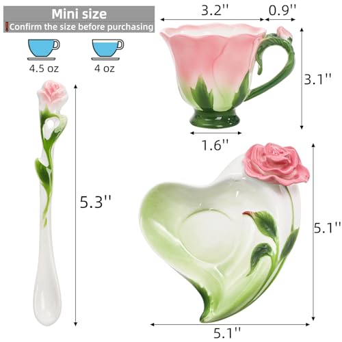 Cididu Pink Tea Cups with Saucer and Spoon, 4.5 Oz Small Ceramic Rose Flower Tea Cup Set for Women Girls, Hand Crafted Vintage Coffee Latte Mug, Fancy Teaware for Mother's Day, Birthday Gift, Wedding - Image 2