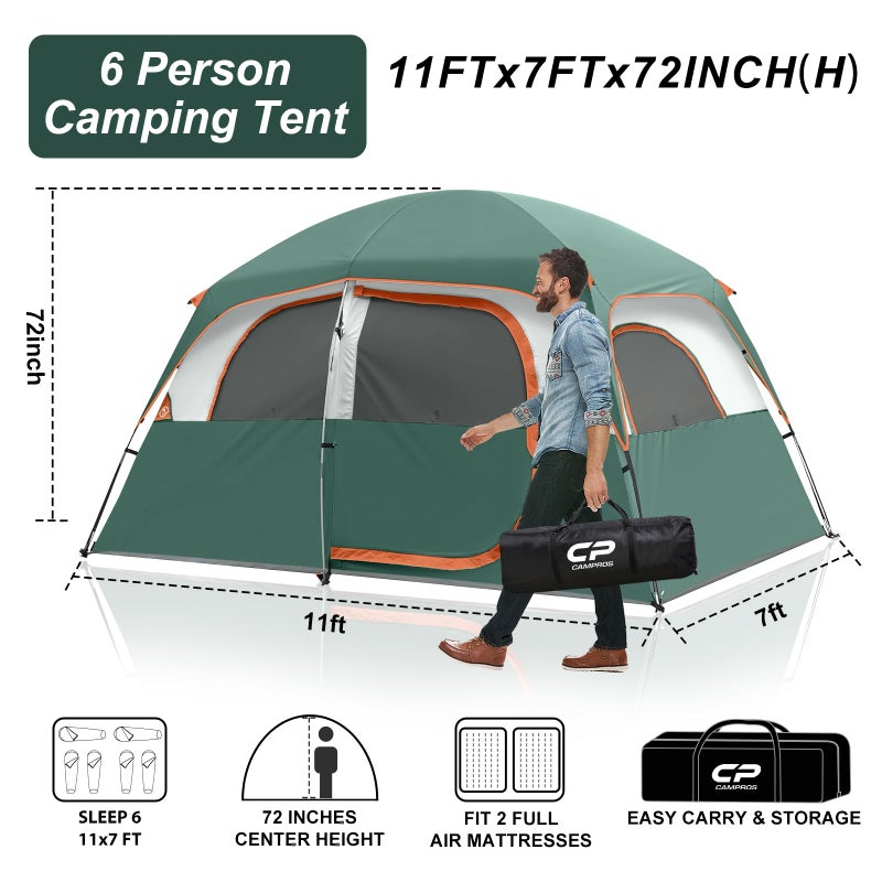 CAMPROS CP Tent-6-Person-Camping-Tents, Waterproof Windproof Family Tent with Top Rainfly, 4 Large Mesh Windows, Double Layer, Easy Set Up, Portable with Carry Bag (Dark Green) - Image 2