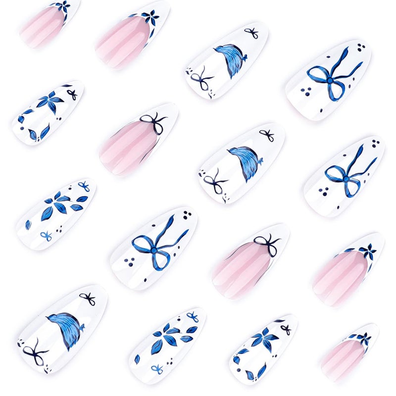 KRTBKR 24Pcs French Tip Press on Nails Medium Almond Fake Nails Blue Bow Flower Glossy Design Full Cover Reusable Artificial Nails White Pink Stick on Nails Handmade False Nails for Women Girls Acrylic Nail - Image 4