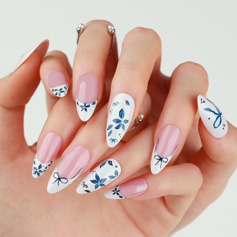 KRTBKR 24Pcs French Tip Press on Nails Medium Almond Fake Nails Blue Bow Flower Glossy Design Full Cover Reusable Artificial Nails White Pink Stick on Nails Handmade False Nails for Women Girls Acrylic Nail - Image 2