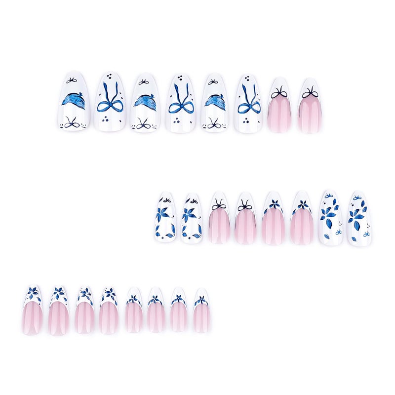 KRTBKR 24Pcs French Tip Press on Nails Medium Almond Fake Nails Blue Bow Flower Glossy Design Full Cover Reusable Artificial Nails White Pink Stick on Nails Handmade False Nails for Women Girls Acrylic Nail - Image 3