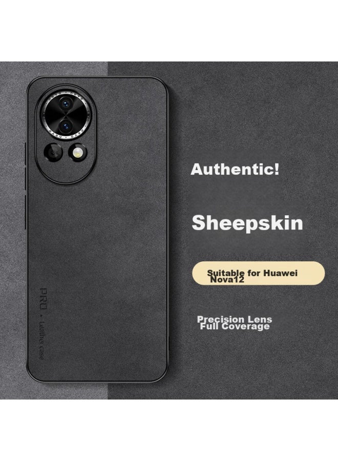 Shangsu, Suitable For Huawei Nova 13 Phone Case, Nova 12 Protective Cover, Shockproof, Full Lens Protection, Soft Shell, Simple Luxury, Lambskin Silicone Outer Case, Women's And Men's Leather Case, Black - Image 1