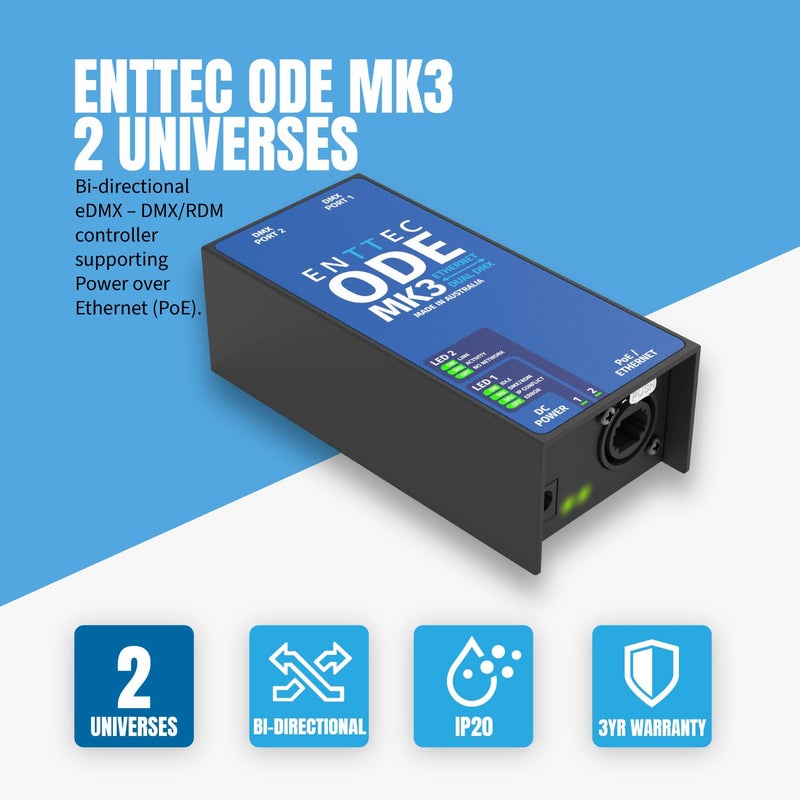 Enttec ODE Mk3 70407 POE 2 Universe Dual DMX / RDM Ethernet Converter Interface - Image 2