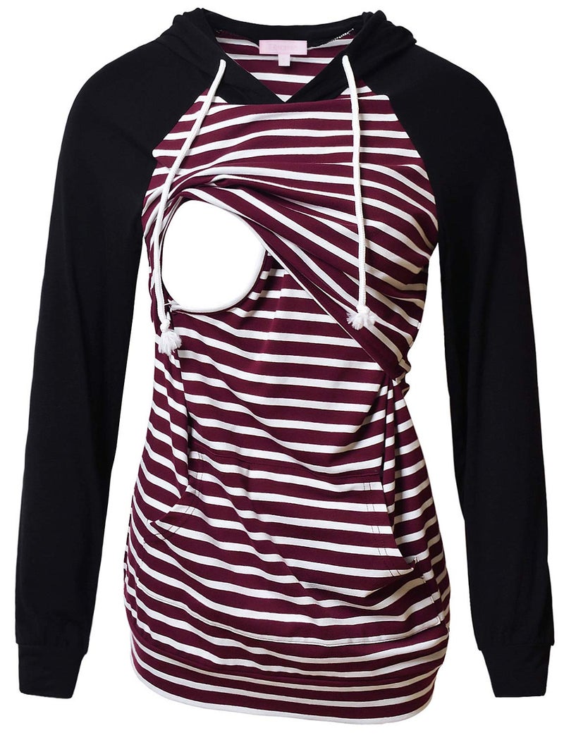 Bhome Women's Nursing Hoodie Sweatshirt Raglan Long Sleeves Casual Maternity Top Breastfeeding Clothes Burgundy White Striped S - Image 1