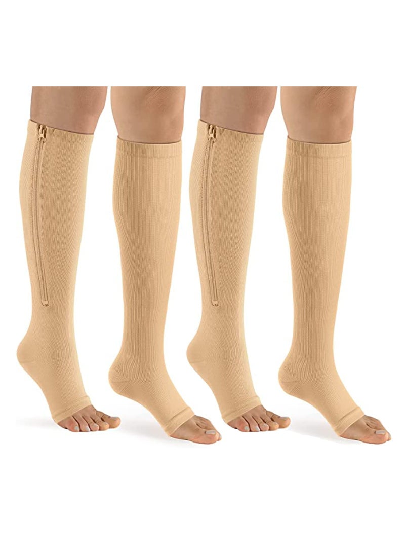 2 Pairs Compression Socks Open Toe Compression Stockings Knee High Socks with Zipper Compression Pantyhose 15-20mmHg for Improves Blood Circulation Prevents Leg Swelling (Beige) - Image 1