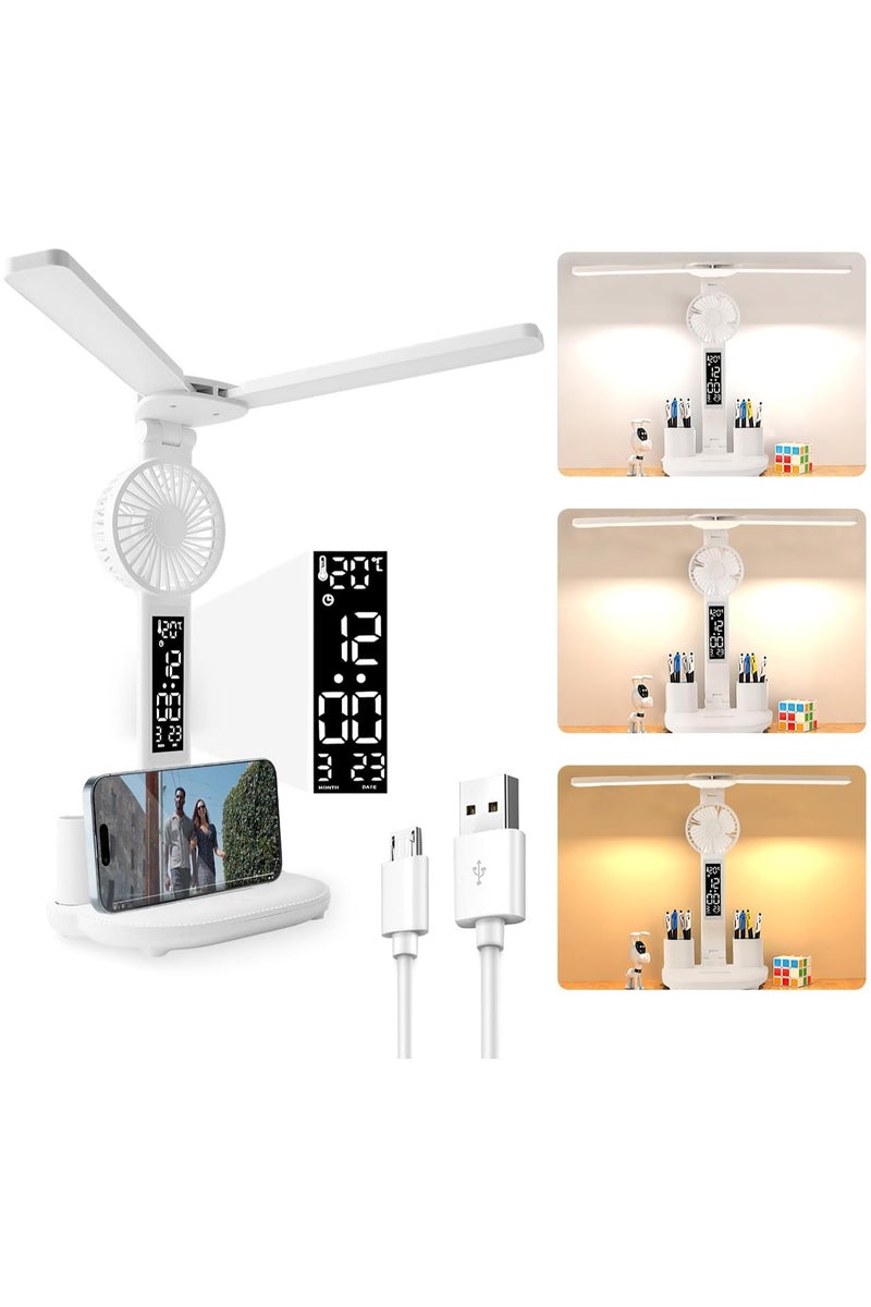 Double Head LED Desk Lamp, Foldable Table Lamp with Smart LED Display, Touch Lamp with 3 Color Modes and Stepless Dimming, Study Lamp Desk Lamps with USB Charging Port for Home Office (with fan) - Image 1