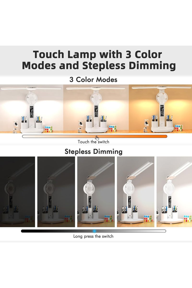 Double Head LED Desk Lamp, Foldable Table Lamp with Smart LED Display, Touch Lamp with 3 Color Modes and Stepless Dimming, Study Lamp Desk Lamps with USB Charging Port for Home Office (with fan) - Image 5