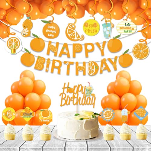 Festiko Cardstock Set Of 49 Pcs Orange Theme Happy Birthday Combo (Banner, Swirls With Cutouts, Balloons, Cake & Cupcake Toppers), Orange Theme Birthday Decorations - Image 1