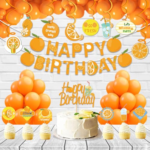 Festiko Cardstock Set Of 49 Pcs Orange Theme Happy Birthday Combo (Banner, Swirls With Cutouts, Balloons, Cake & Cupcake Toppers), Orange Theme Birthday Decorations - Image 3