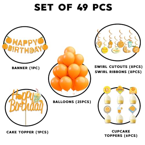Festiko Cardstock Set Of 49 Pcs Orange Theme Happy Birthday Combo (Banner, Swirls With Cutouts, Balloons, Cake & Cupcake Toppers), Orange Theme Birthday Decorations - Image 2
