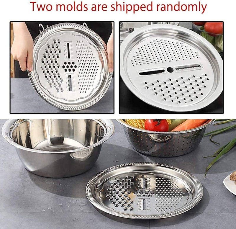 ELEXIQ Multipurpose 3 in 1 Cooking Julienne Fruit Grater Slicer Stainless Steel Basin Drain Basket Bowl Peeler Vegetable Cutter - Image 2