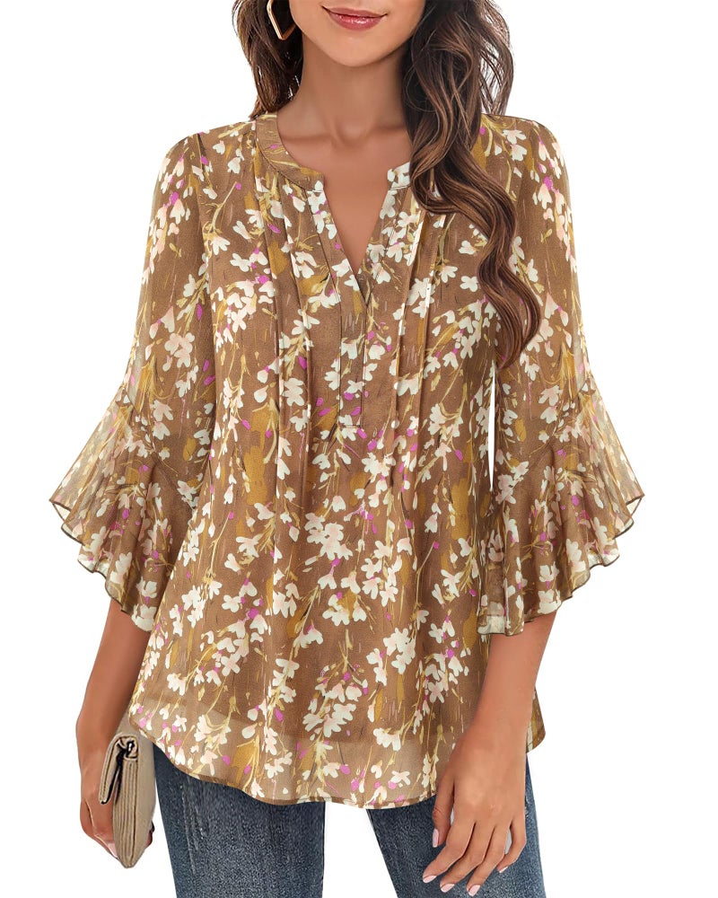 Timeson Dressy Tops for Women: 3/4 Sleeve Fall Fashion 2026 â€” Blouses for Women â€” Ladies Dress Shirts Floral Business Casual Clothes Stylish Person Work Office Attire Chiffon Tunic Peasant Daily Wear - Image 3