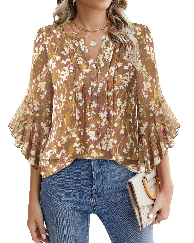 Timeson Dressy Tops for Women: 3/4 Sleeve Fall Fashion 2026 â€” Blouses for Women â€” Ladies Dress Shirts Floral Business Casual Clothes Stylish Person Work Office Attire Chiffon Tunic Peasant Daily Wear - Image 1