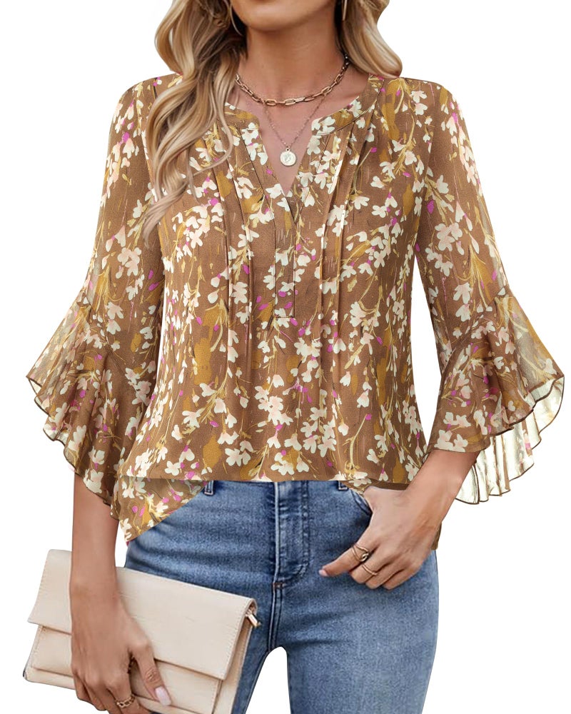 Timeson Dressy Tops for Women: 3/4 Sleeve Fall Fashion 2026 â€” Blouses for Women â€” Ladies Dress Shirts Floral Business Casual Clothes Stylish Person Work Office Attire Chiffon Tunic Peasant Daily Wear - Image 2