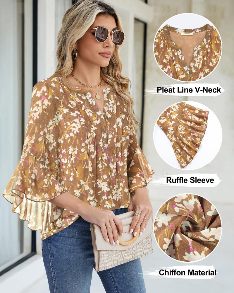 Timeson Dressy Tops for Women: 3/4 Sleeve Fall Fashion 2026 â€” Blouses for Women â€” Ladies Dress Shirts Floral Business Casual Clothes Stylish Person Work Office Attire Chiffon Tunic Peasant Daily Wear - Image 4