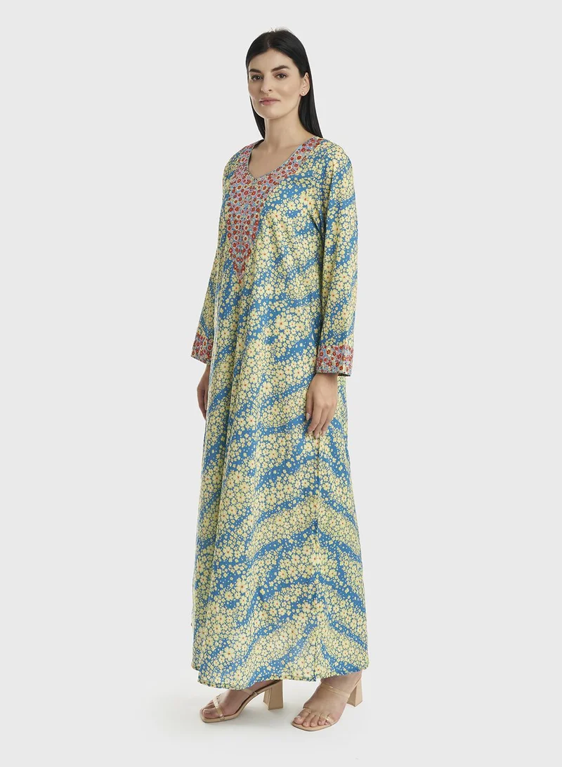KASHKHA Cotton Floral Print Mukhawar Jalabiya