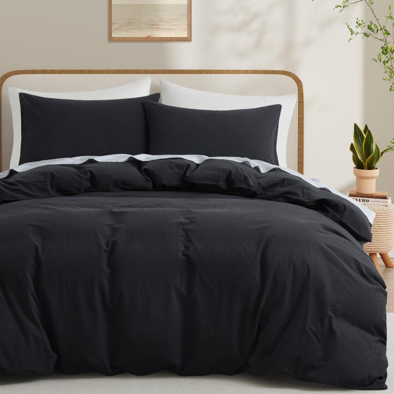 Black Duvet Cover Full Size 100 Washed Cotton Linen Like Bedding Set with Zipper Closure No Comforter 80x90 Inches
