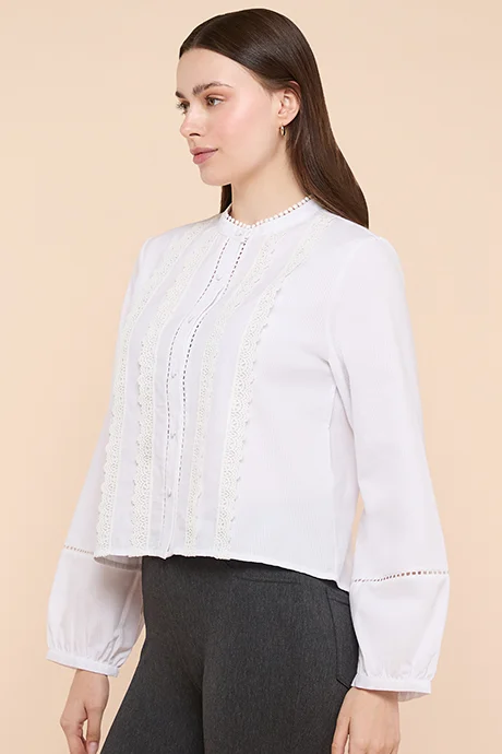 أر أند بي Lace Trim Shirt with Mandarin Collar and Puff Sleeves