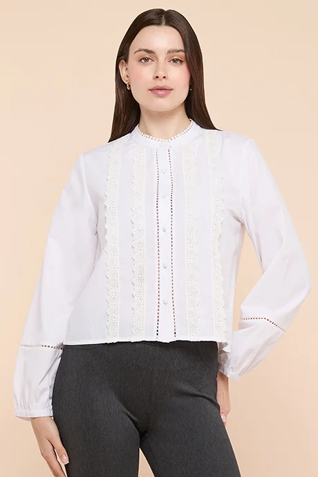 أر أند بي Lace Trim Shirt with Mandarin Collar and Puff Sleeves