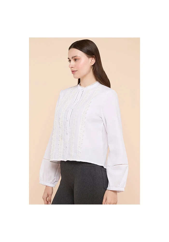 أر أند بي Lace Trim Shirt with Mandarin Collar and Puff Sleeves