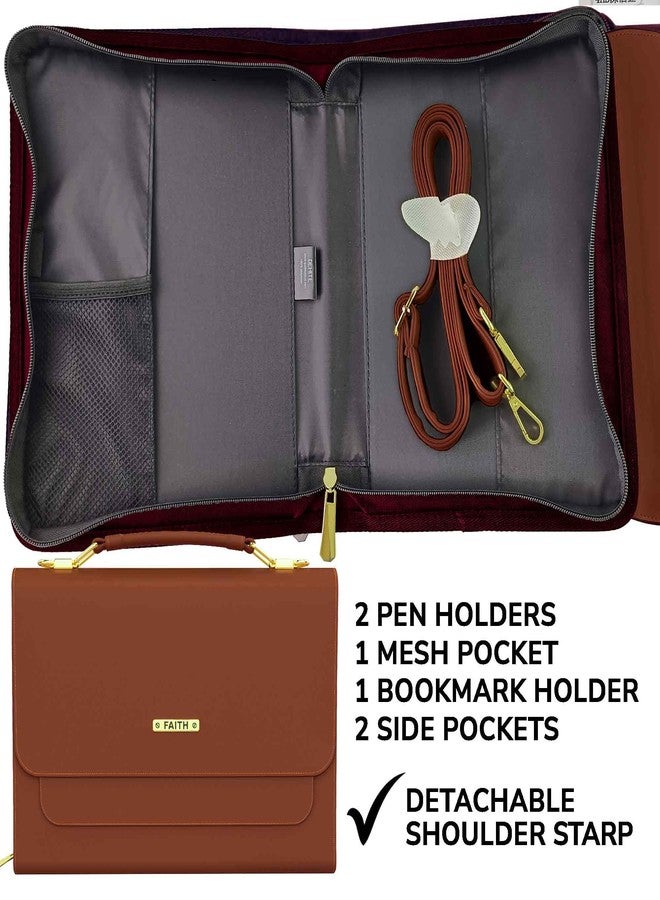 DEHITE Bible Bags for Women – Large Bible Cover Case for Women – Fits Book 9.7x7.4x1.9 in – Pen Slots – Zippered Pocket – Shoulder Strap – Premium PU Leather – Brown Purse Christian Gift Accessories - Image 2