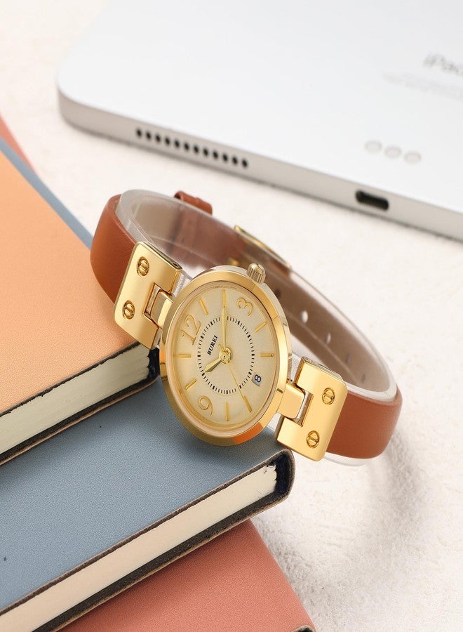 BUREI Women's Luxury Quartz Waterproof Pointer Watch with Simple Leather Strap - Exquisite Small Women's Watch, golden-brown - Image 2