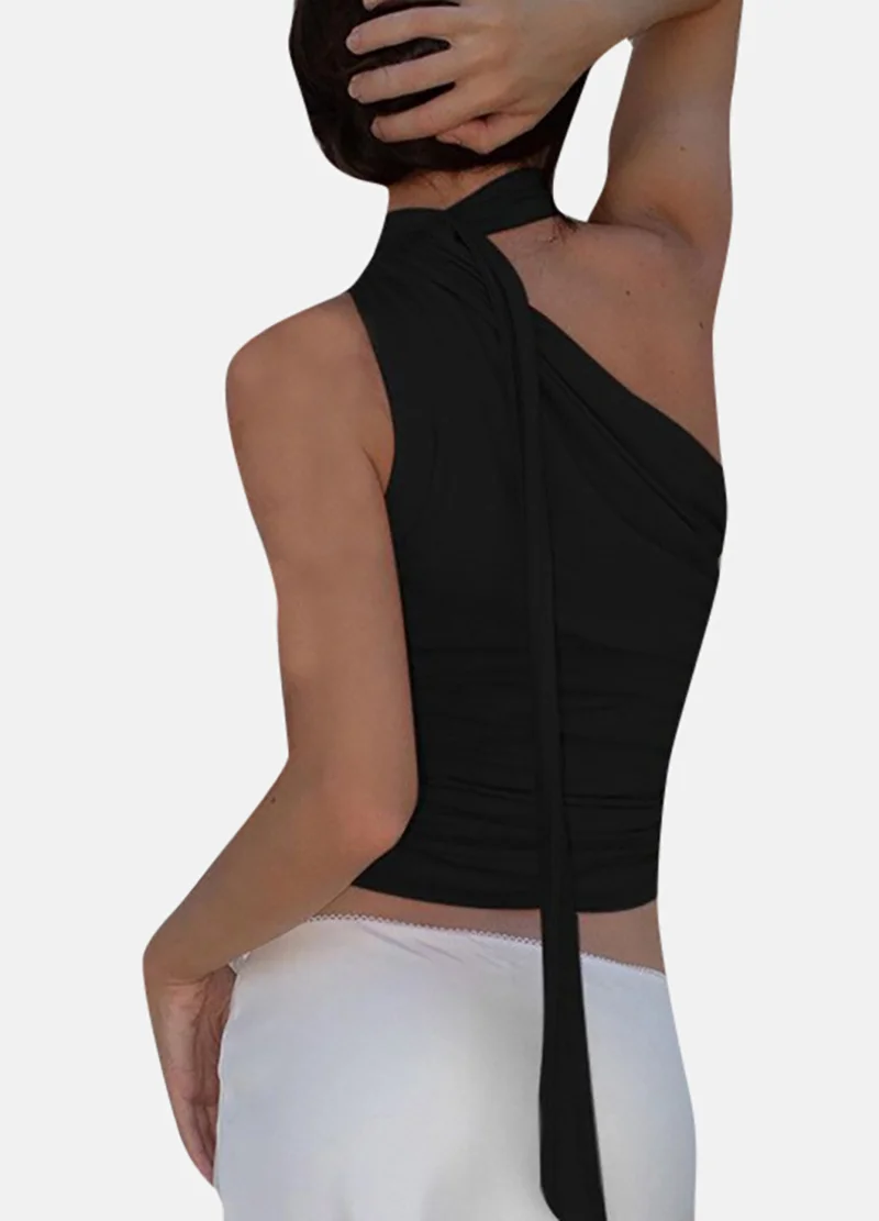 YUNIQEE Black Solid Sleeveless Tie-up Crop Top