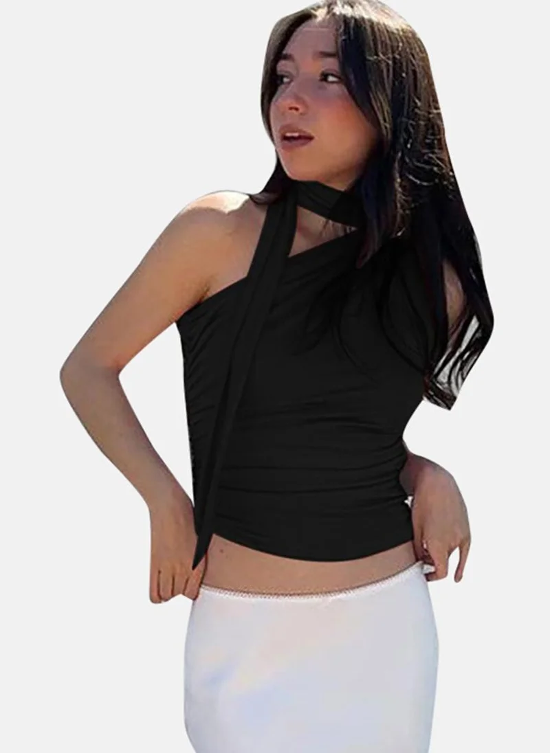 YUNIQEE Black Solid Sleeveless Tie-up Crop Top