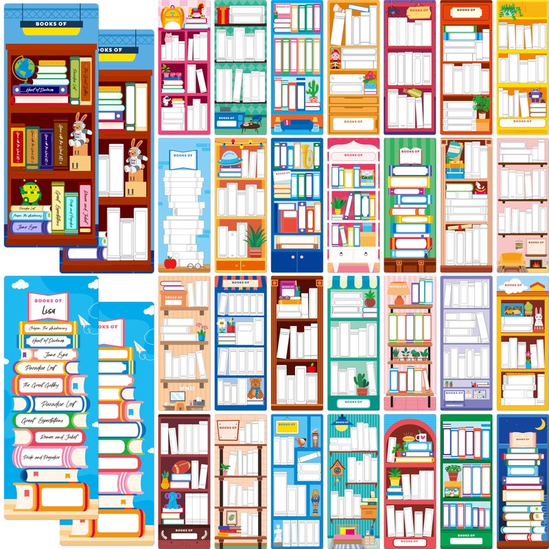 Gethelud 120 PCS Book Tracker Bookmarks, 30 Bookshelf Designs Double Sided Reading Page Markers Reading List Bookmarks for Kids, Adults, Students, Book Lovers All Ages (2.4â€ x 6.1â€) - Image 1
