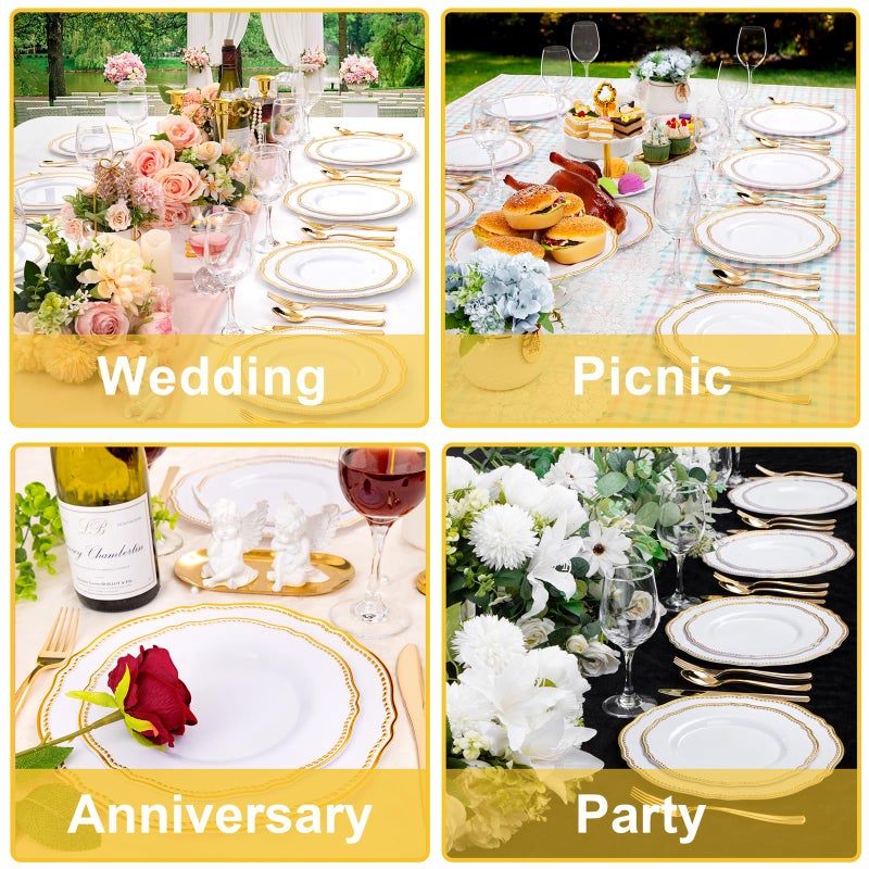 Hioasis 60pcs Gold Plastic Plates - White and Gold Disposable Dinnerware with Gold Rim, Heavy-duty, 7 inch, Dessert Plates for Party & Thanksgiving - Image 4