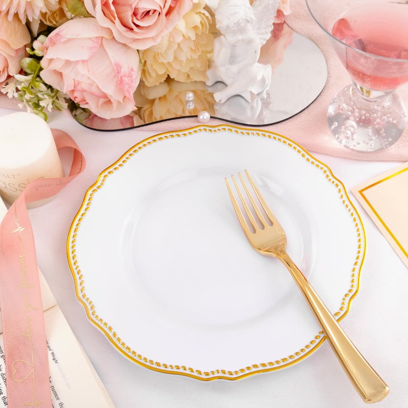 Hioasis 60pcs Gold Plastic Plates - White and Gold Disposable Dinnerware with Gold Rim, Heavy-duty, 7 inch, Dessert Plates for Party & Thanksgiving - Image 2