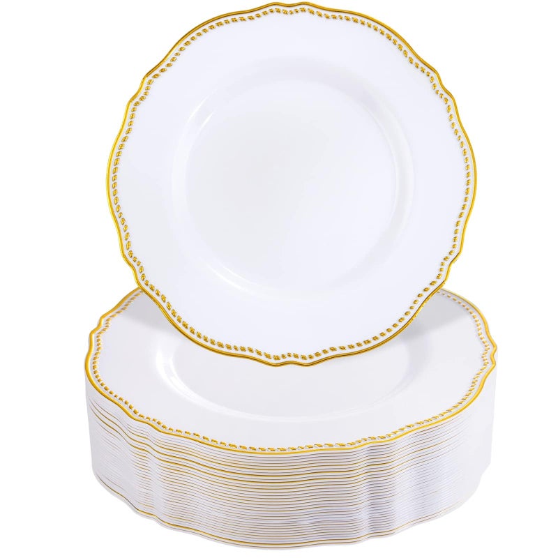 Hioasis 60pcs Gold Plastic Plates - White and Gold Disposable Dinnerware with Gold Rim, Heavy-duty, 7 inch, Dessert Plates for Party & Thanksgiving - Image 1