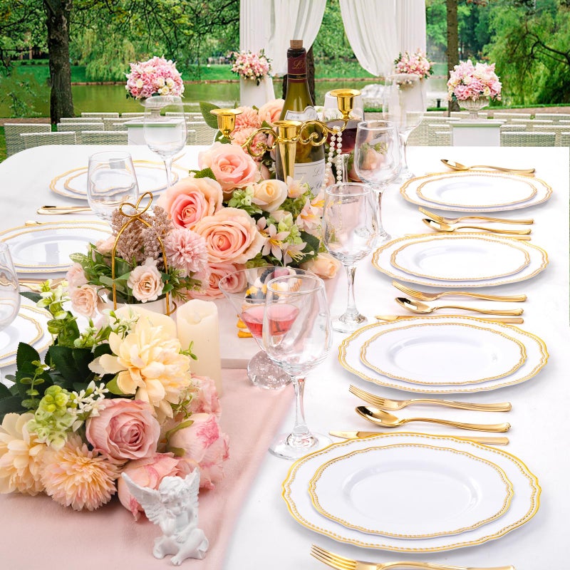 Hioasis 60pcs Gold Plastic Plates - White and Gold Disposable Dinnerware with Gold Rim, Heavy-duty, 7 inch, Dessert Plates for Party & Thanksgiving - Image 5