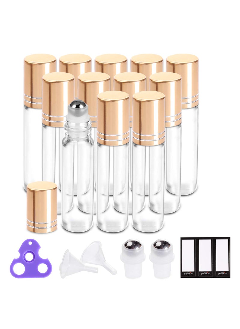 PrettyCare PrettyCare Essential Oil Roller Bottles 10ml (Clear Glass Bottle with Gold Cap, 12 Pack, 2 Extra Stainless Steel Balls, 24 Labels, Opener, Funnels for Oils, Roller on Bottles 