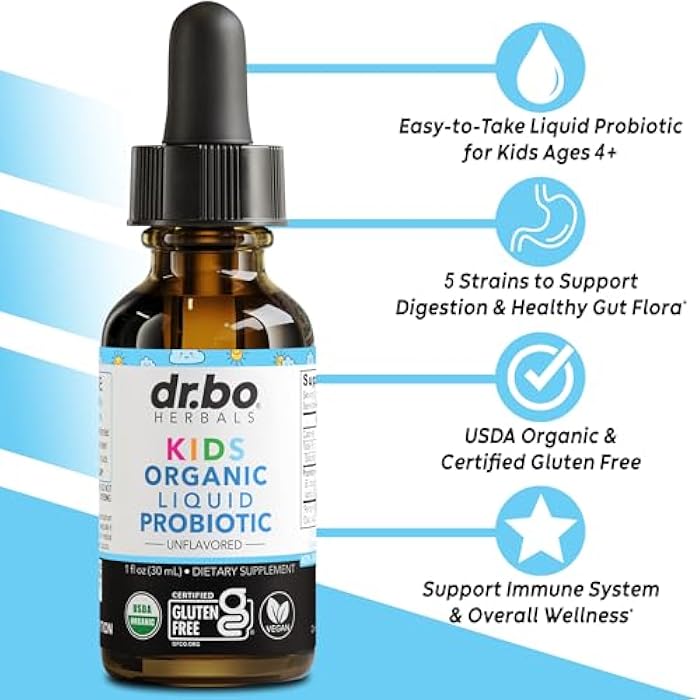 dr.bo Kids Probiotic Liquid Drops Organic - Organic Probiotics for Kids Probiotics Age 4+, Digestive Health, Immune Support, Flora Gut Health Supplements - Vegan Kid Liquid Probiotic Drops, Non-GMO 1 Fl Oz - Image 2