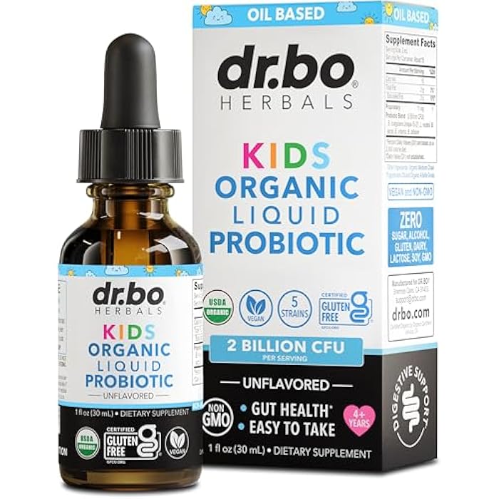 dr.bo Kids Probiotic Liquid Drops Organic - Organic Probiotics for Kids Probiotics Age 4+, Digestive Health, Immune Support, Flora Gut Health Supplements - Vegan Kid Liquid Probiotic Drops, Non-GMO 1 Fl Oz - Image 1