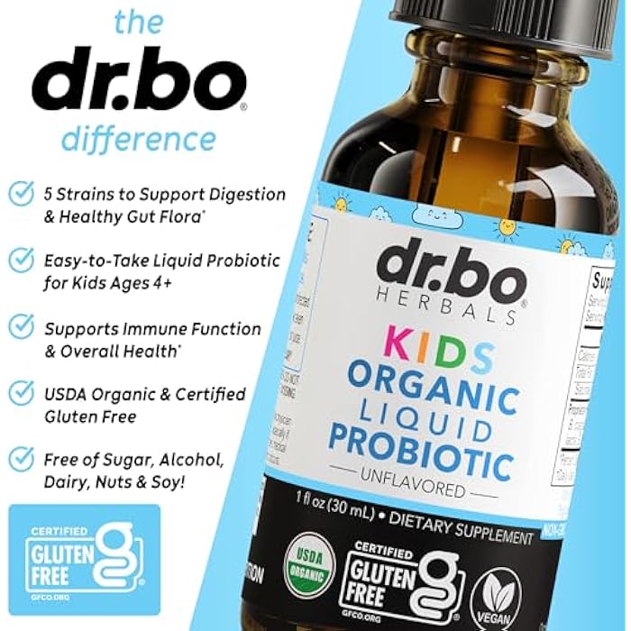 dr.bo Kids Probiotic Liquid Drops Organic - Organic Probiotics for Kids Probiotics Age 4+, Digestive Health, Immune Support, Flora Gut Health Supplements - Vegan Kid Liquid Probiotic Drops, Non-GMO 1 Fl Oz - Image 4