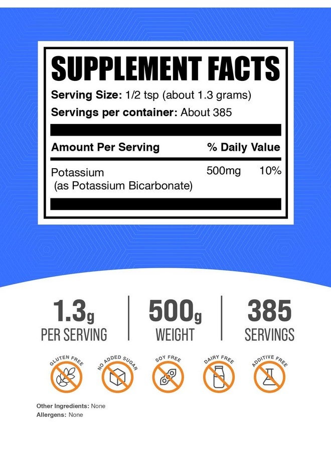 BulkSupplements.com Potassium Bicarbonate Powder - Potassium Bicarbonate Food Grade, Mineral Supplement - Gluten Free, 1.3g per Serving, 500g (1.1 lbs) (Pack of 1) - Image 2