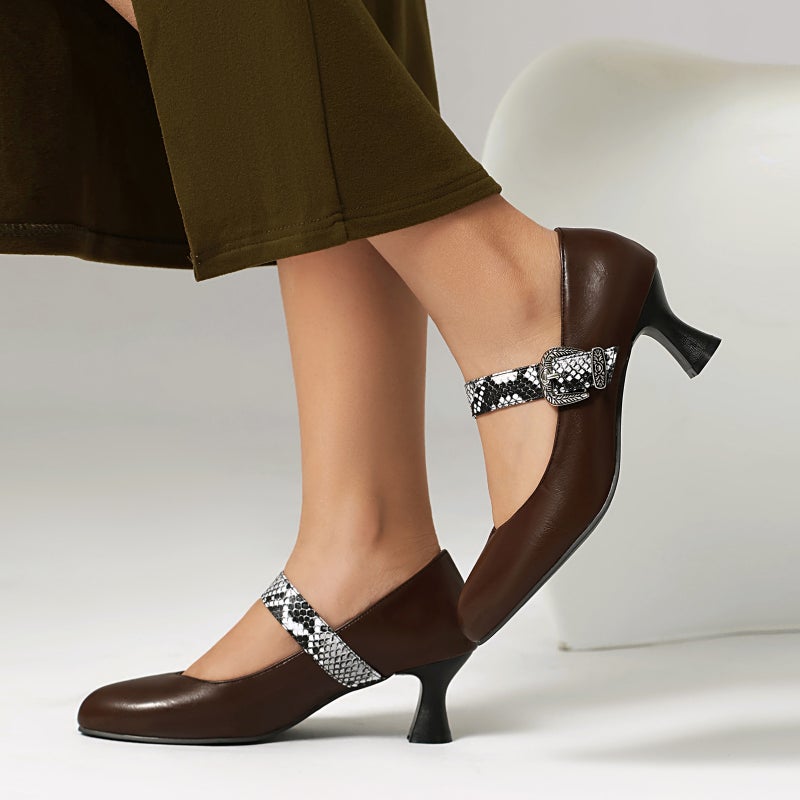 Wish Outer Single Fashion High Heeled Snake Pattern 32-48 Size Size Buckle With Pointed Shallow Mouth Single Shoes For Women - Image 3