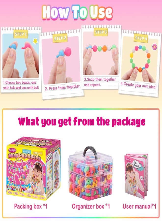 Funtopia Pop Beads, 700+ Pcs Arts and Crafts for Kids 4-6, Snap Beads DIY Bracelet Necklace Ring Anklet Set, Birthday Party Creativity Toys for Girls Toddlers Ages 3 4 5 6 (X-Large) - Image 3