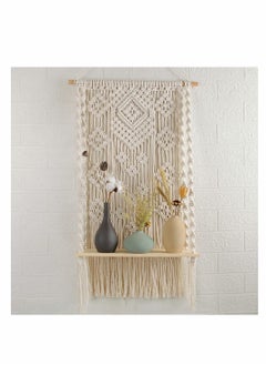 KASTWAVE Macrame Wall Hanging Shelf, Wall Hanging Shelf Woven Home Organizer Decor, White Handmade Wood Boho Rope Plant Pot Basket Hanger Holder, Cotton Rope Plant Hanger for Home Wall Decor  - Image 2
