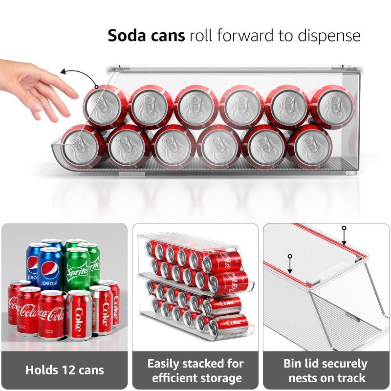 Sorbus Soda Can Organizer for Refrigerator Stackable Can Holder Dispenser with Lid for Fridge, Pantry, Freezer â€“ Holds 12 Cans Each, BPA-Free, Clear Design, (2-Pack) - Image 4