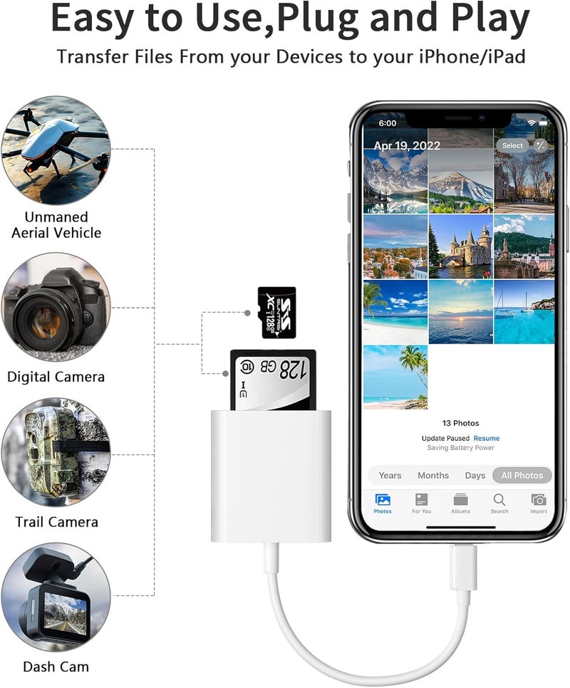 SUNTRSI SD Card Reader for iPhone iPad Camera with USB C, Dual Card Slot Memory Card Reader Supports SD and TF Card Trail Camera Viewer SD Card Adapter Portable Micro SD Card Reader No App Plug and Play - Image 3