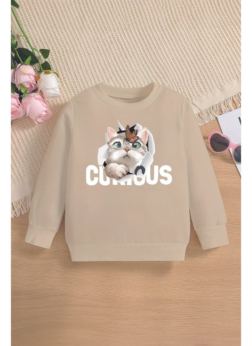 Myada New Season Curious Written Kitten Printed Oversize Hooded Kids Sweatshirt 14609  - Image 1