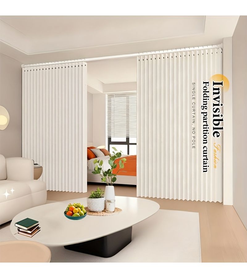 1pc White 55x79 Inch Perforated Foldable Partition Curtain With Hooks For Living Room Bedroom Kitchen Window Door Privacy And Decoration - Image 1