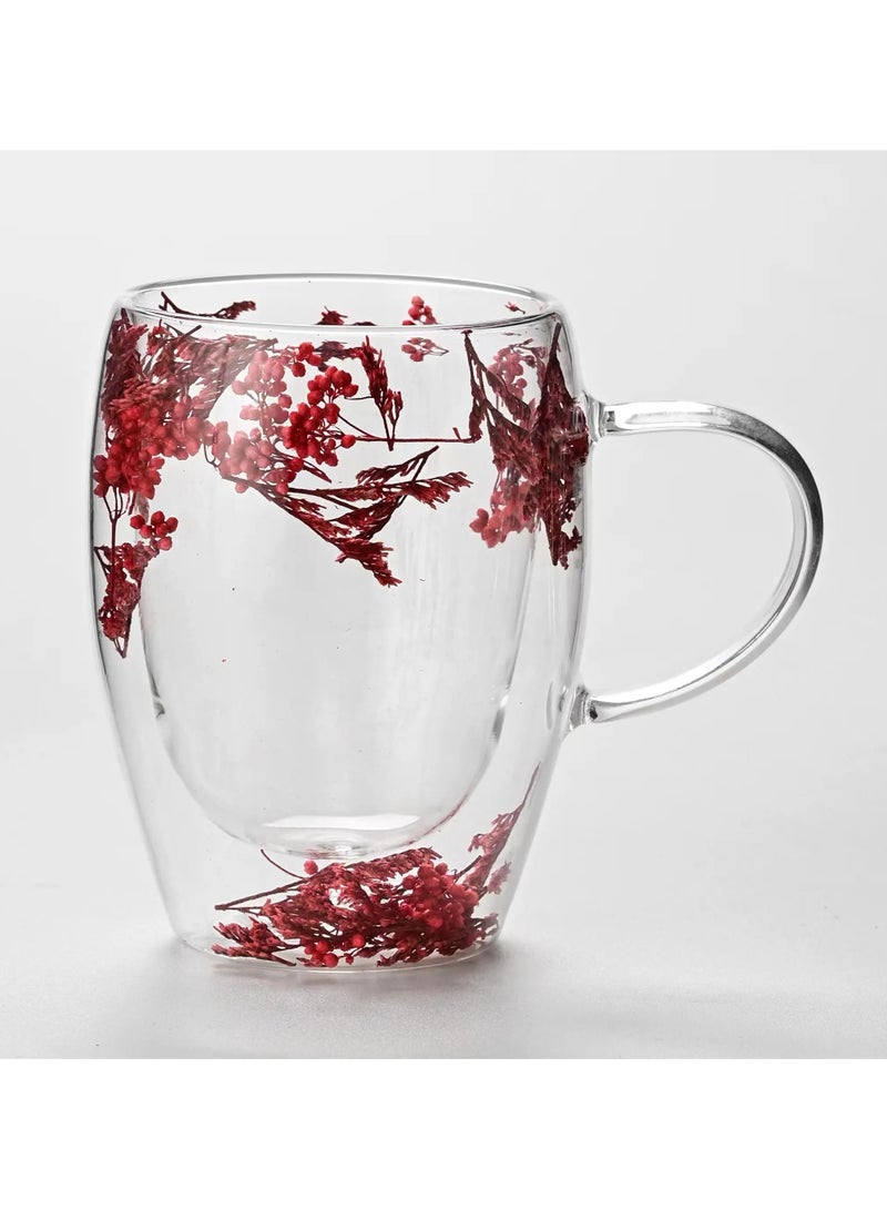 Double Walled Coffee Cups 350ml - Borosilicate Glass Mugs with Real Dry Flowers, Insulated Tea and Coffee Cups, Gift Set for Holiday and Valentine's Day (red pack of 2) - Image 3