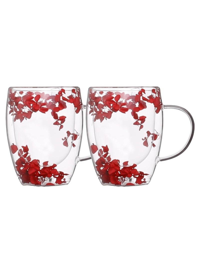 Double Walled Coffee Cups 350ml - Borosilicate Glass Mugs with Real Dry Flowers, Insulated Tea and Coffee Cups, Gift Set for Holiday and Valentine's Day (red pack of 2) - Image 1