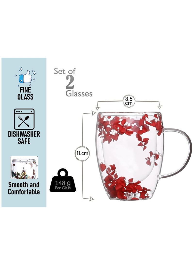 Double Walled Coffee Cups 350ml - Borosilicate Glass Mugs with Real Dry Flowers, Insulated Tea and Coffee Cups, Gift Set for Holiday and Valentine's Day (red pack of 2) - Image 2
